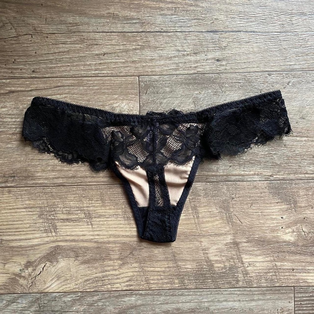 NWOT black beige tan lace thong - Picture 2 of 4